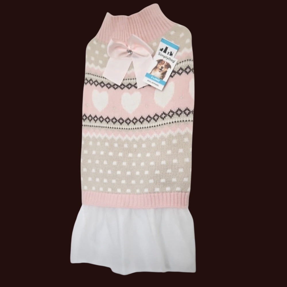 SimplyDog Dog Sweater Dress Heart Pattern XL Pink Tan Tulle Skirt Bow Pet Wear